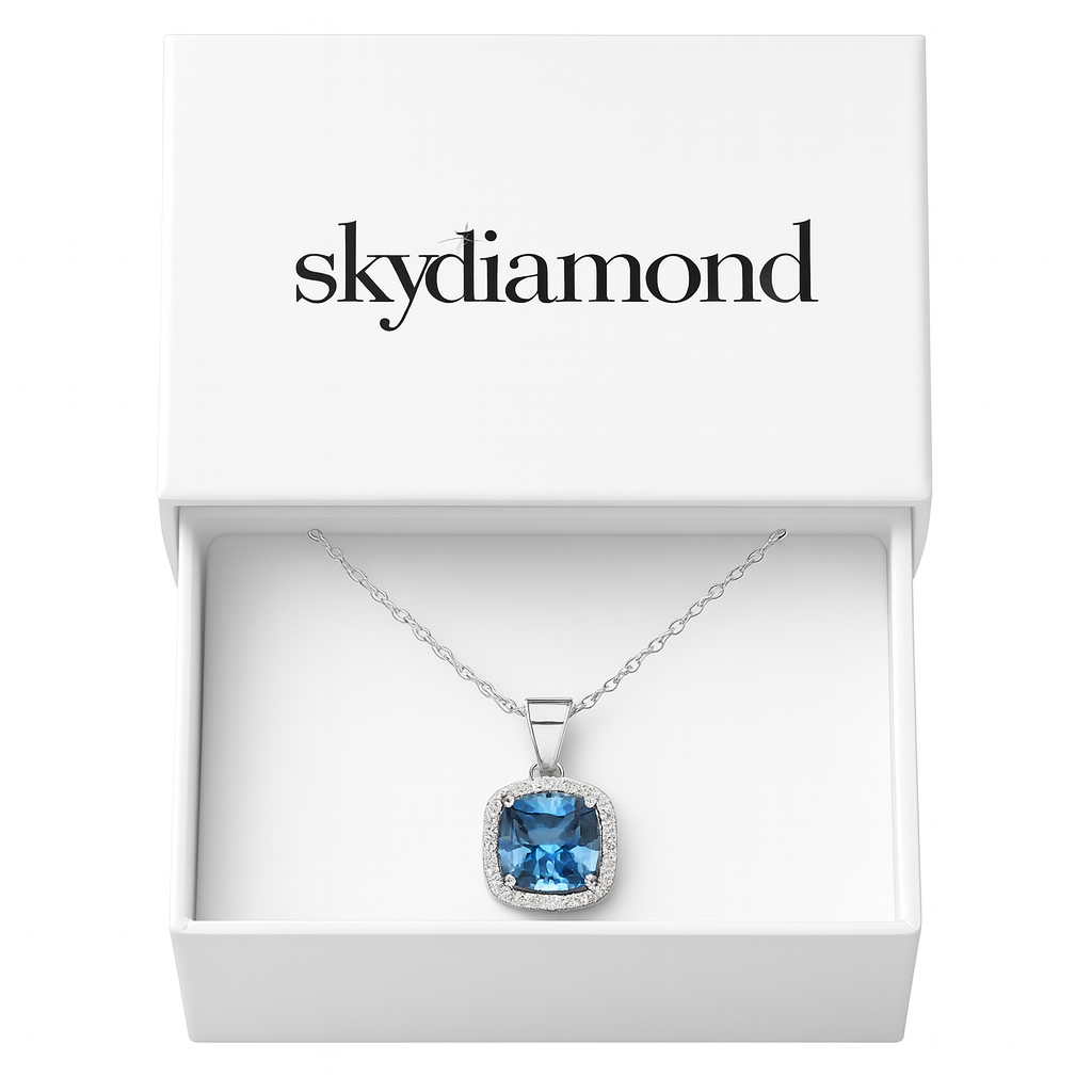 Edles Collier mit 3.5 ct Blau Topas & 0.13 ct Created Diamond – 18K Gold veredelt, 925er Silber & verstellbare Ankerkette (42-45 cm)