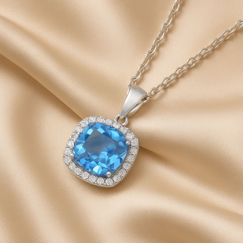 Edles Collier mit 3.5 ct Blau Topas & 0.13 ct Created Diamond – 18K Gold veredelt, 925er Silber & verstellbare Ankerkette (42-45 cm)