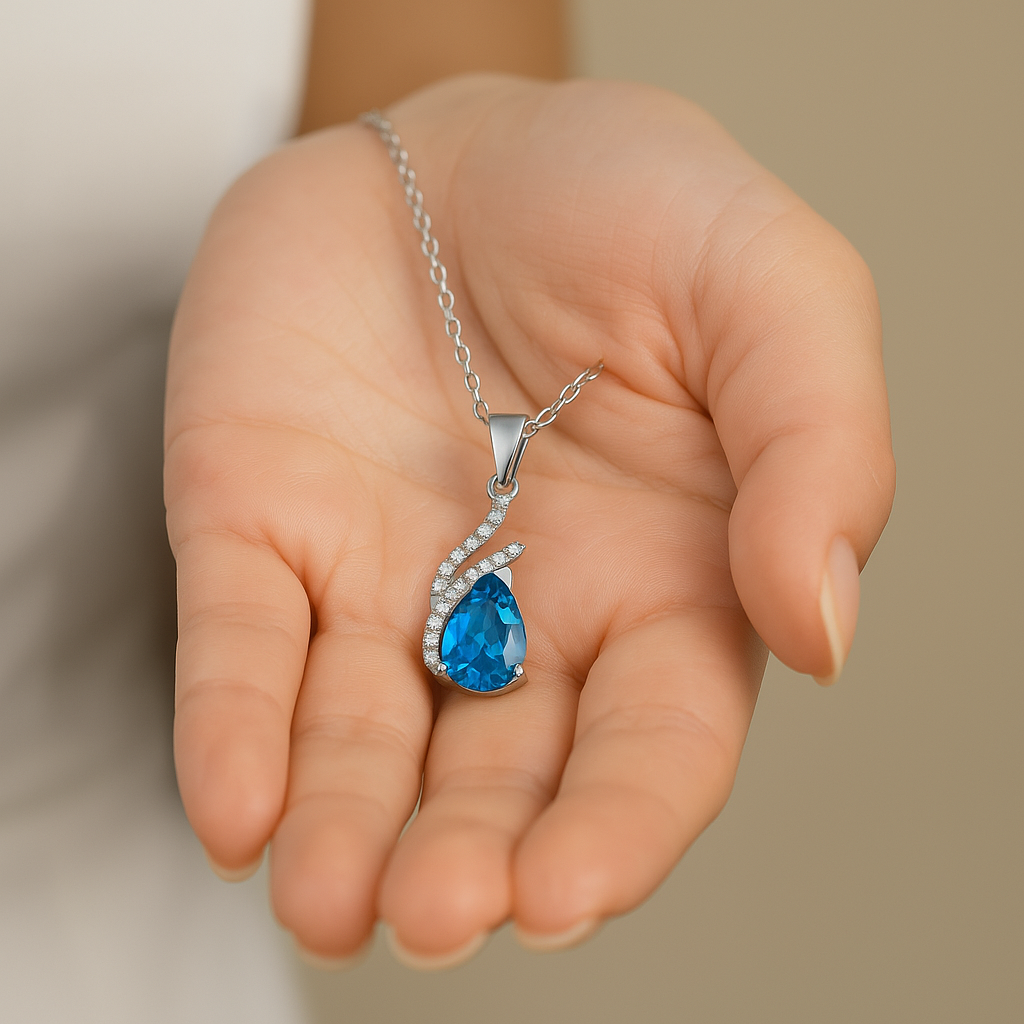 Elegantes Collier mit 2.5 ct Blau Topas & 0.13 ct Created Diamond – 18K Gold veredelt, 925er Silber & verstellbare Ankerkette (42-45 cm)