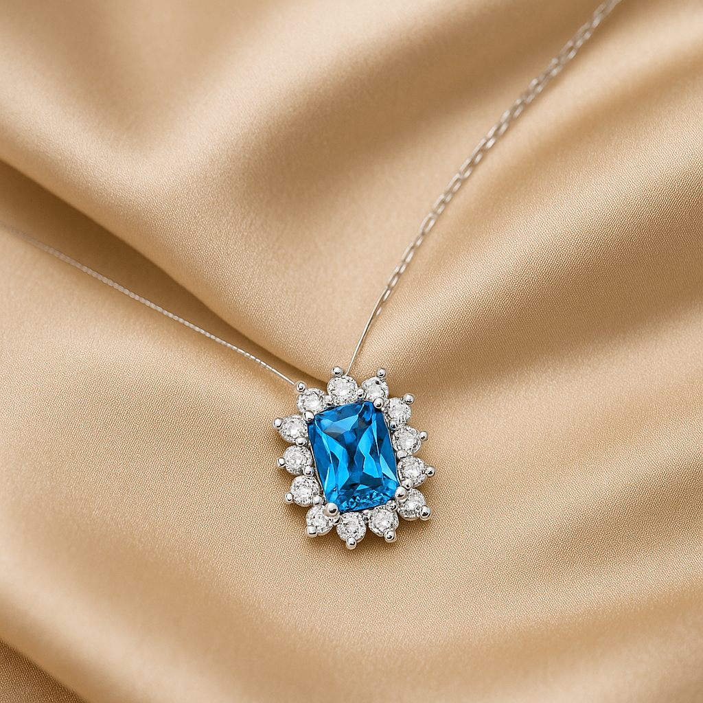 Hochwertiges Collier mit 1.25 ct Blau Topas & 0.21 ct Created Diamond – 18K Gold veredelt, 925er Silber & verstellbare Ankerkette (42-45 cm)