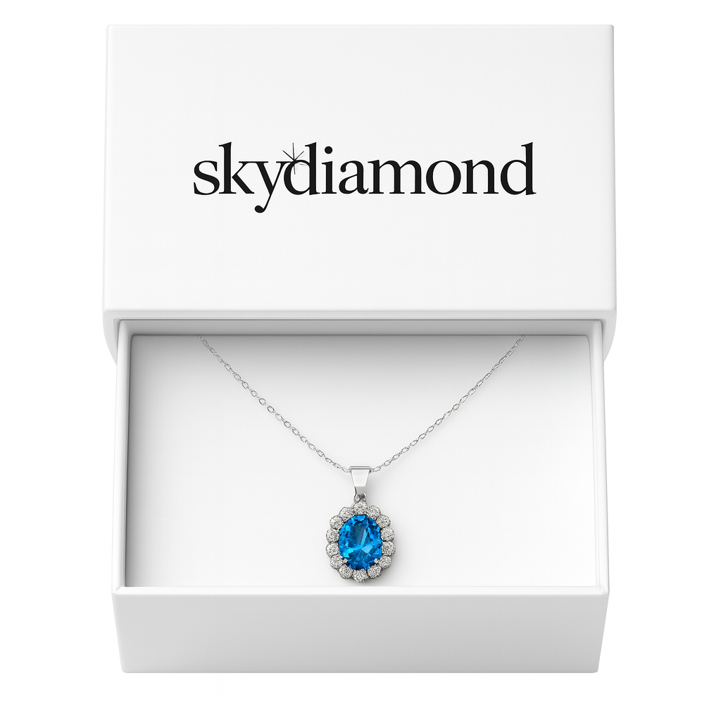 Edles Collier mit 1.3 ct Blau Topas & 0.21 ct Created Diamond – 18K Gold veredelt, 925er Silber & verstellbare Ankerkette (42-45 cm)
