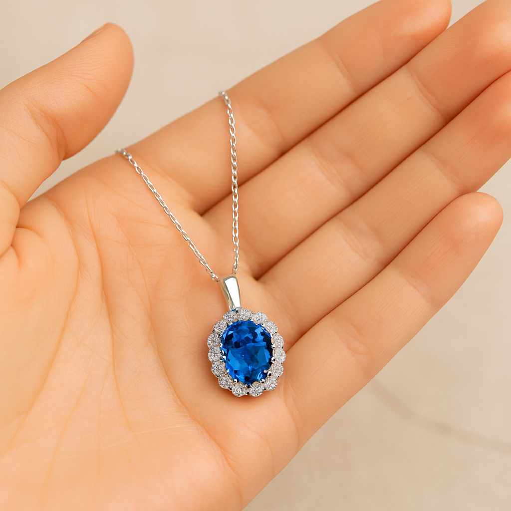 Edles Collier mit 1.3 ct Blau Topas & 0.21 ct Created Diamond – 18K Gold veredelt, 925er Silber & verstellbare Ankerkette (42-45 cm)