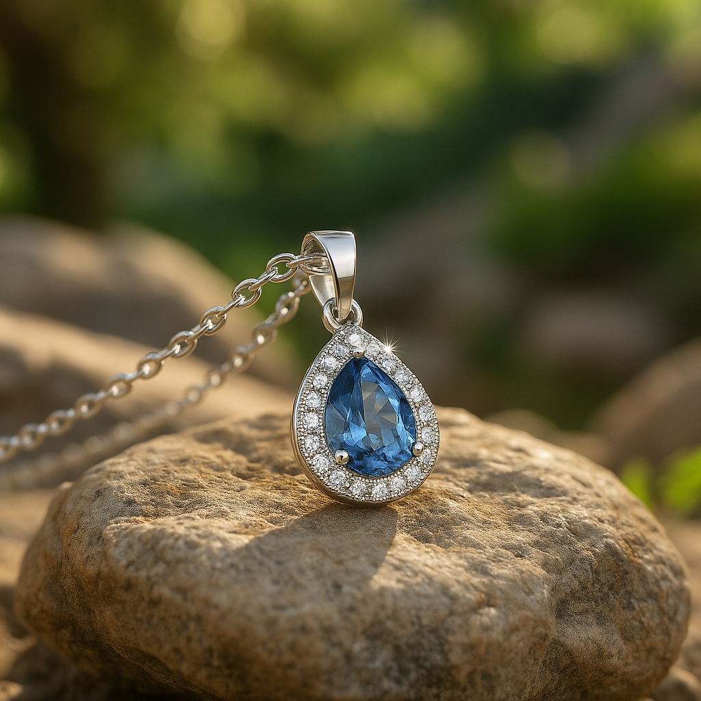 Elegantes Collier mit 1.50 ct Blau Topas & 0.11 ct Created Diamond – 18K Gold veredelt, 925er Silber & verstellbare Ankerkette (42-45 cm)