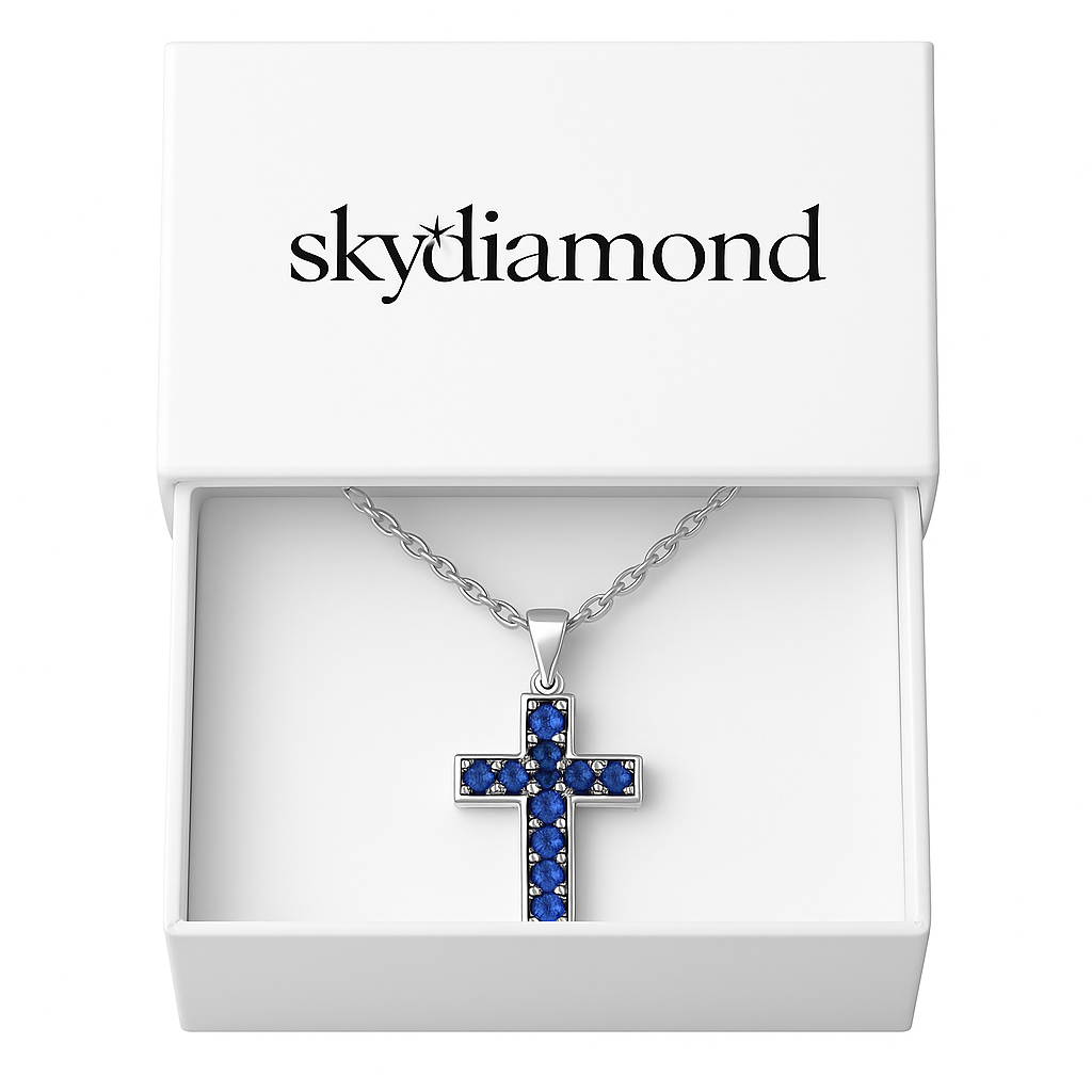 Eterna Cross Collier mit Saphir – 18K Gold veredelt, 925er Silber & verstellbare Ankerkette (42-45 cm)