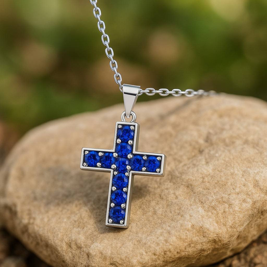 Eterna Cross Collier mit Saphir – 18K Gold veredelt, 925er Silber & verstellbare Ankerkette (42-45 cm)