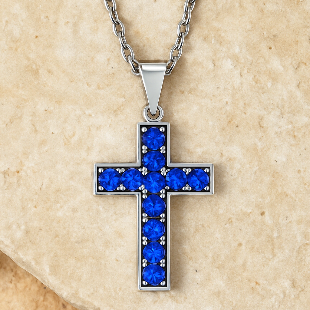 Eterna Cross Collier mit Saphir – 18K Gold veredelt, 925er Silber & verstellbare Ankerkette (42-45 cm)
