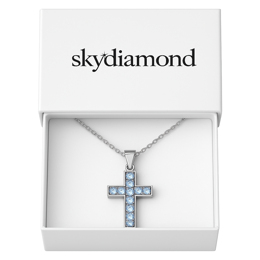 Stilvolles Collier Kreuz mit Blau Topas – 18K Gold veredelt, 925er Silber & verstellbare Ankerkette (42-45 cm)