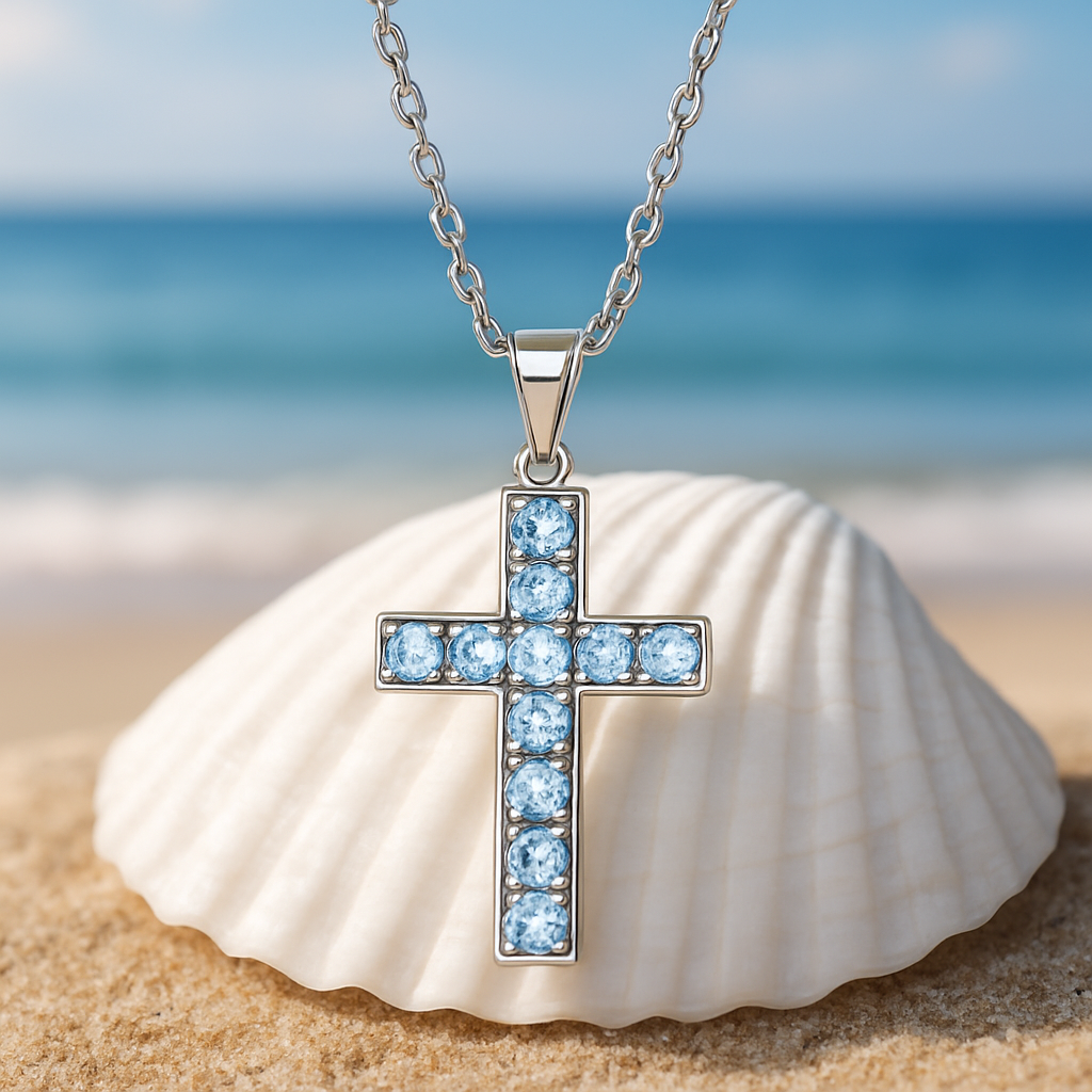 Stilvolles Collier Kreuz mit Blau Topas – 18K Gold veredelt, 925er Silber & verstellbare Ankerkette (42-45 cm)