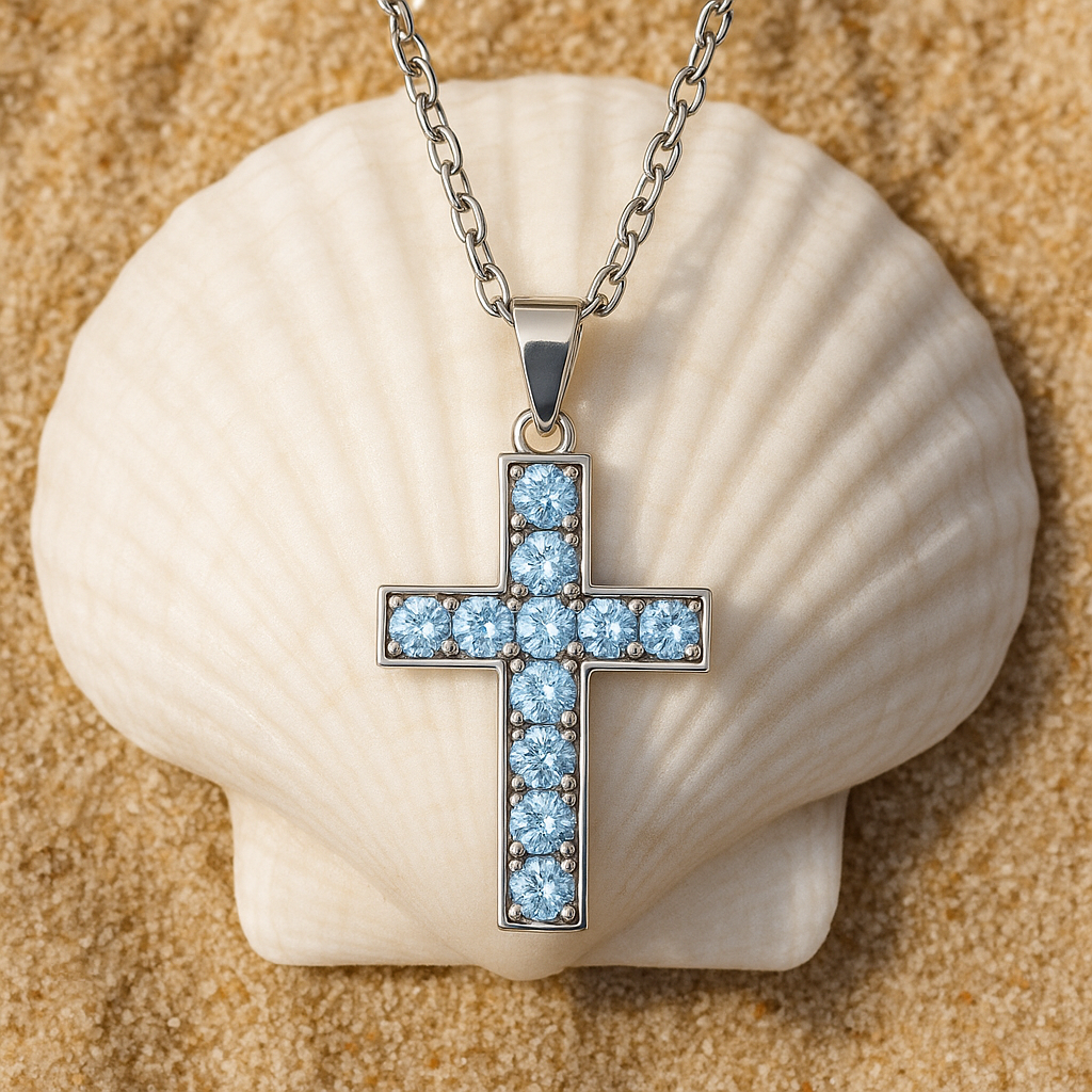 Stilvolles Collier Kreuz mit Blau Topas – 18K Gold veredelt, 925er Silber & verstellbare Ankerkette (42-45 cm)