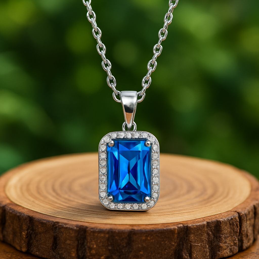 Luxuriöses Collier mit 7.0 ct Blau Topas & 0.60 ct Created Diamond – 18K Gold veredelt, 925er Silber & verstellbare Ankerkette (42-45 cm)