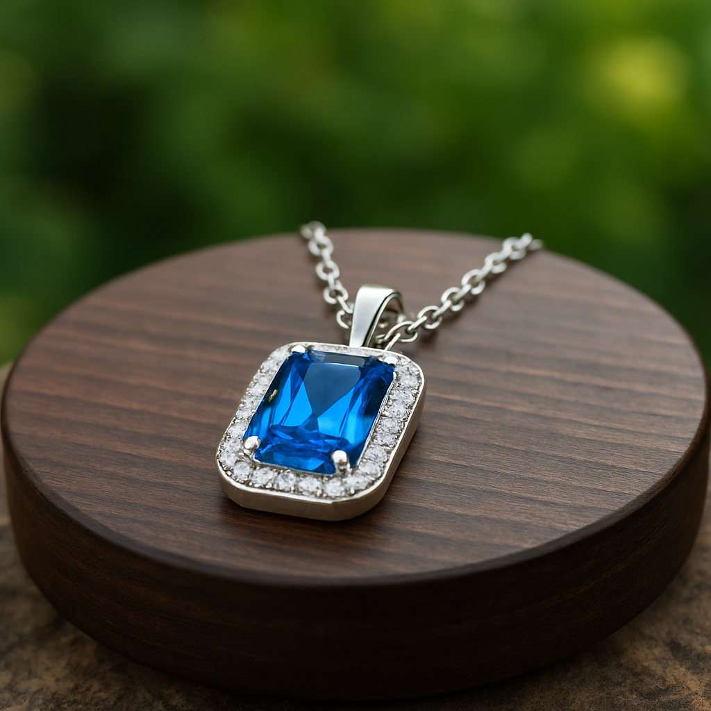 Luxuriöses Collier mit 7.0 ct Blau Topas & 0.60 ct Created Diamond – 18K Gold veredelt, 925er Silber & verstellbare Ankerkette (42-45 cm)
