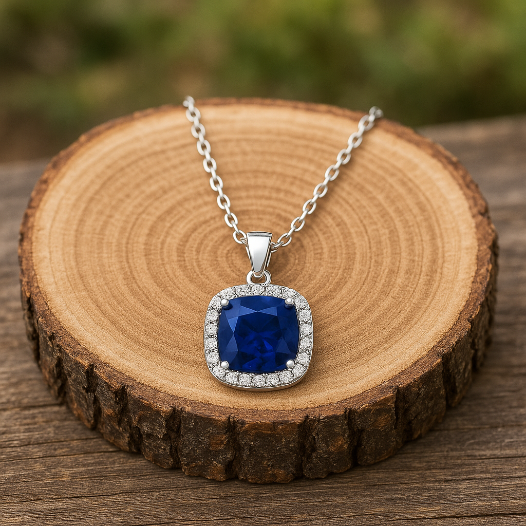 Luxuriöses Royal Saphir Glow Collier mit 3,5 ct Saphir und 0,13 ct Sky Diamond – 925er Silber Rhodiniert, 18K Gold Veredelt