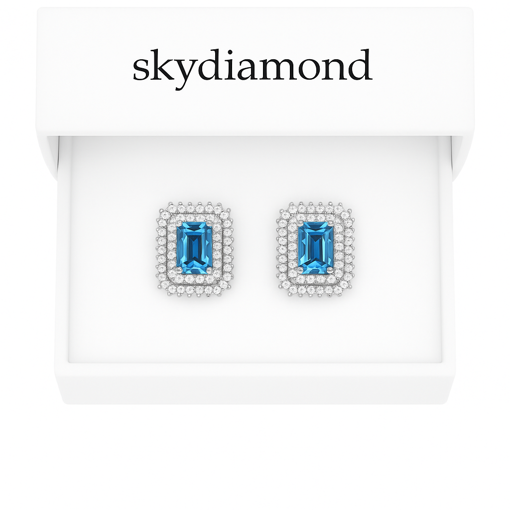 Elegantes Damen-Ohrring mit 2.4 ct Blau Topas & 0.46 ct Created Diamond – 925er Silber, 18K Gold veredelt