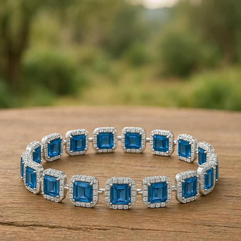 Luxuriöses Armband mit 16.8 ct Blau Topas & 1.40 ct Created Diamond – 18K Gold veredelt, 925er Silber