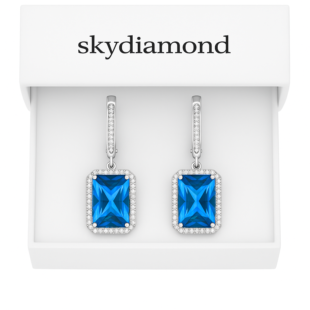 Luxuriöse Blue Royal Recta Ohrhänger mit 14.0 ct Blau Topas & 1.32 ct Sky Diamond – 18K Gold veredelt, 925er Silber für strahlende Eleganz