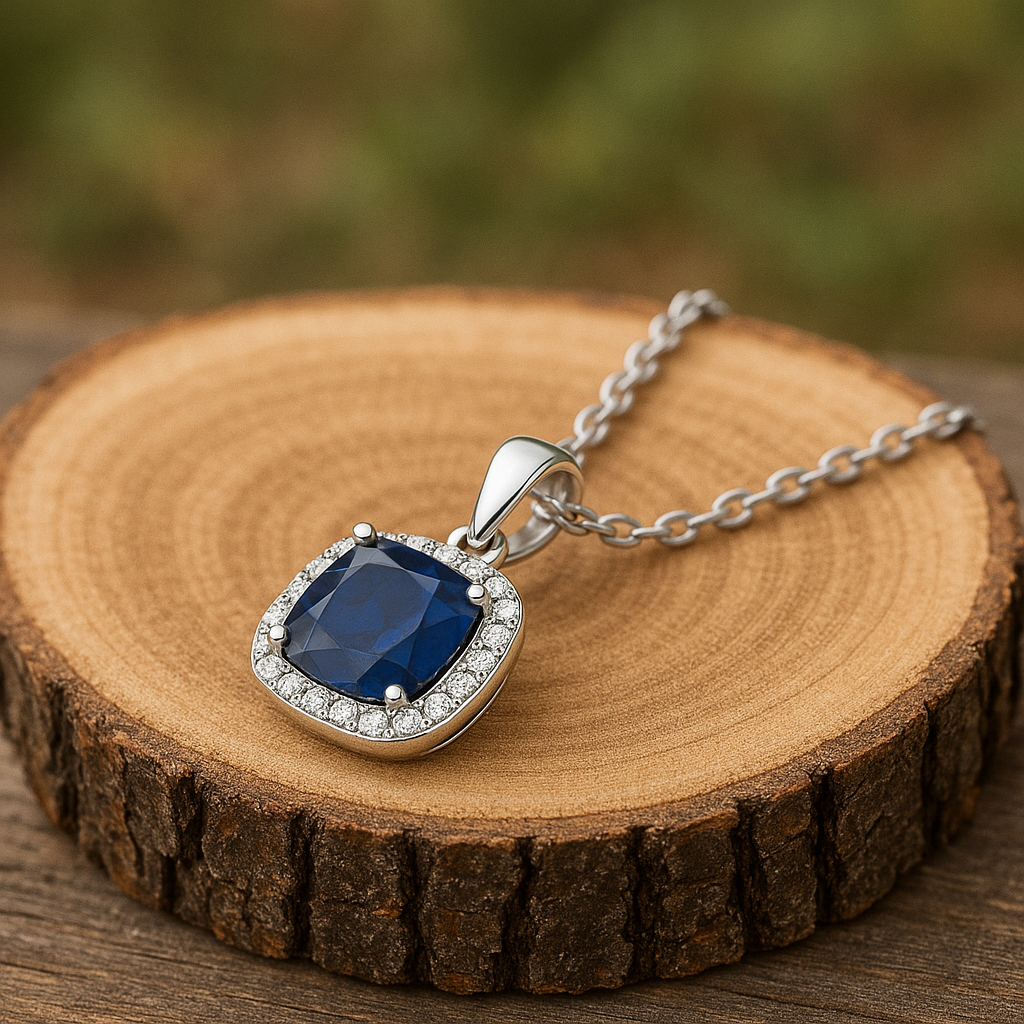 Luxuriöses Royal Saphir Glow Collier mit 3,5 ct Saphir und 0,13 ct Sky Diamond – 925er Silber Rhodiniert, 18K Gold Veredelt